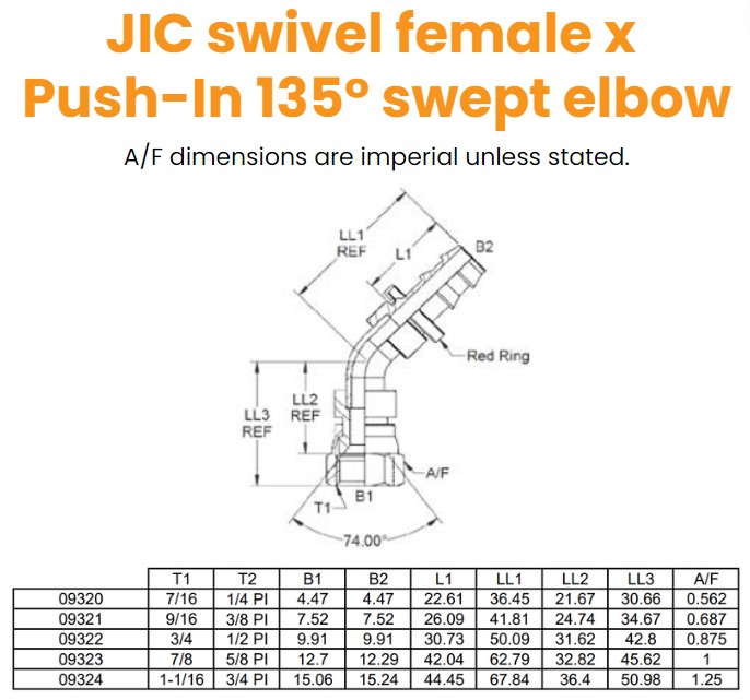 7/16 JIC Female x 1/4 Hose Push In 135° Swept